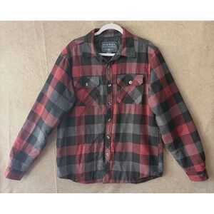 Maxxsel Outerwear Flannel Shirt Jacket‎ Mens Sz L Red Gray Check Quilted Pockets